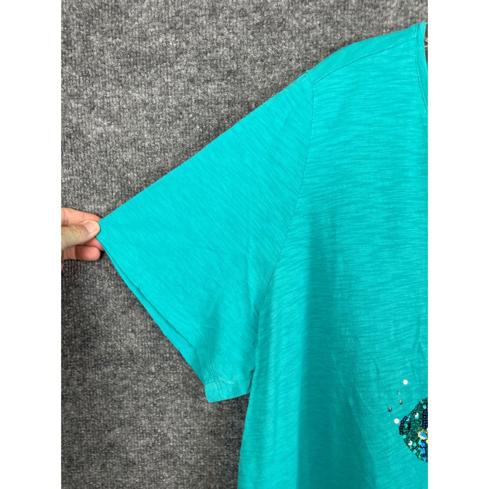 Catherines T-Shirt Women's 2X Teal Good Sequined Fish V-Neck Knit Cotton - Picture 2 of 13